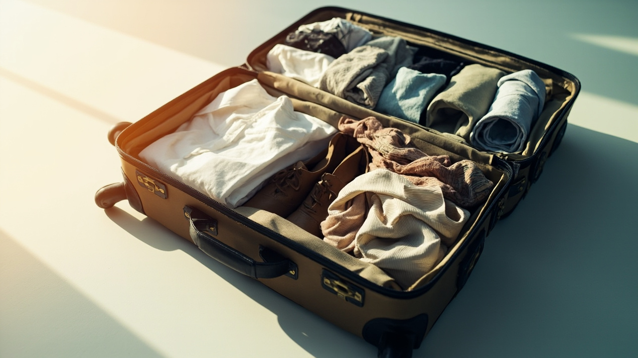 Valise ouverte avec vêtements pliés Valise en cours de rangement vêtements