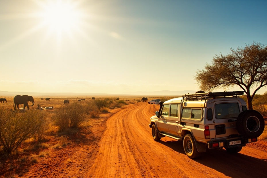 Paysage desertique avec safaris et animaux sauvages