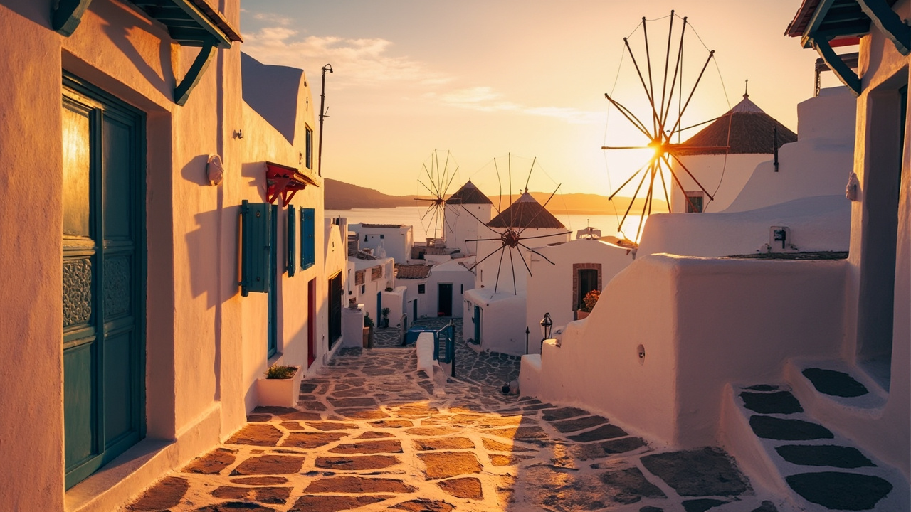 Paysage de mykonos avec maisons blanches  
Vue de mykonos au coucher du soleil