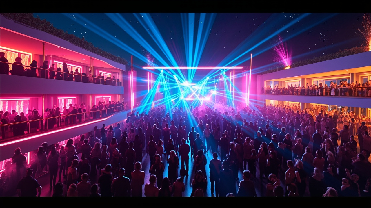 Boite de nuit festive sur l ile d Ibiza  
Club de nuit avec foule et lumières colorées