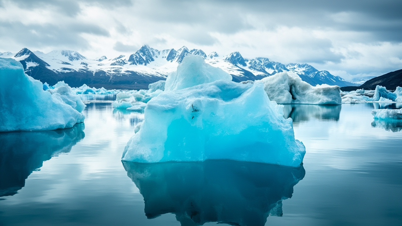 Glacier flottant sur lac gelé  
Icebergs dans un lagon glaciaire